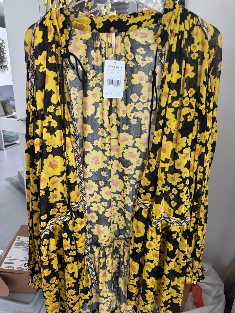 Free People Black and Yellow Floral Mini Dress NWT $138 - Picture 8 of 9